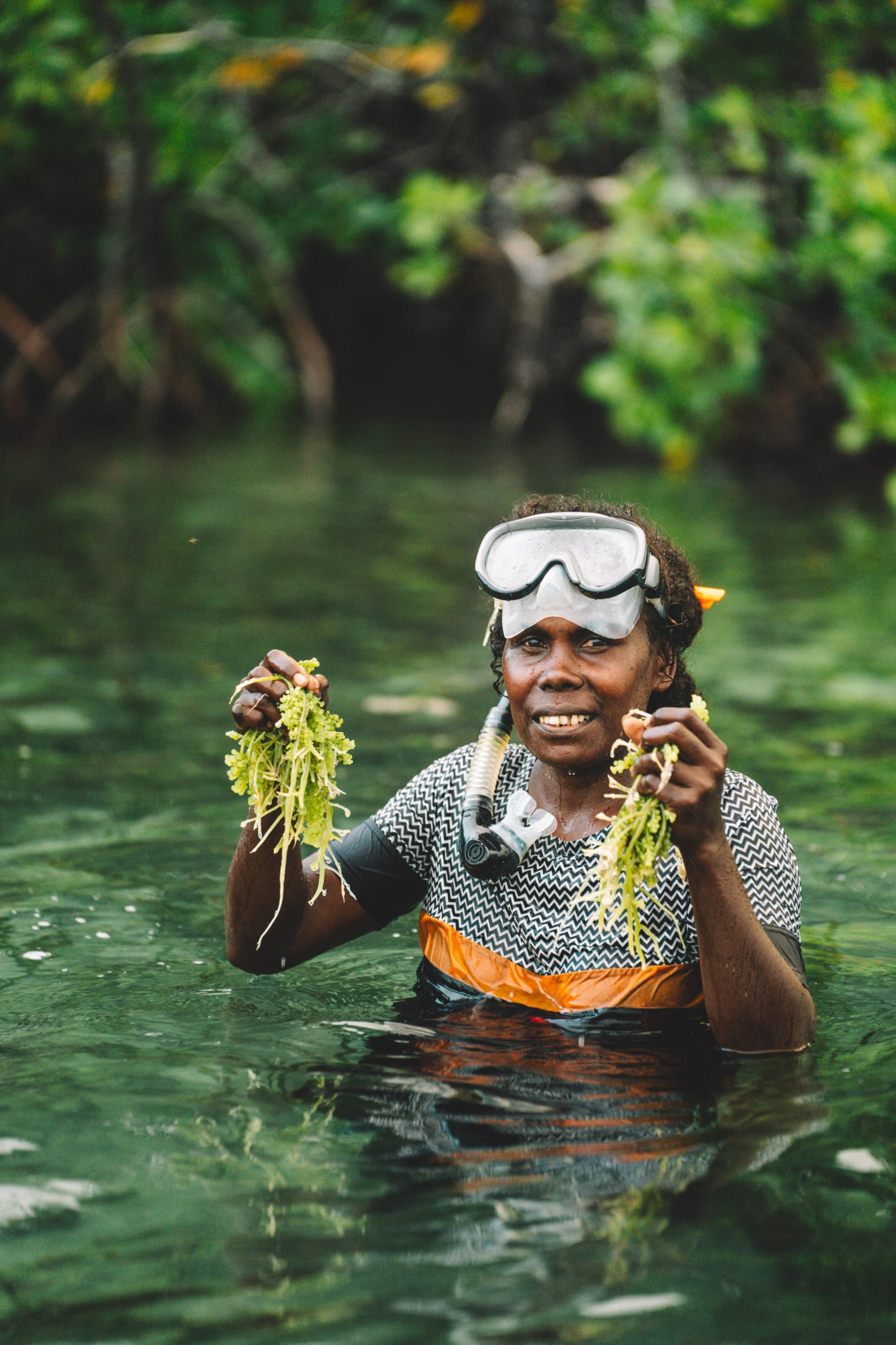 Nerolyn, a community facilitator harvesting sea grapes