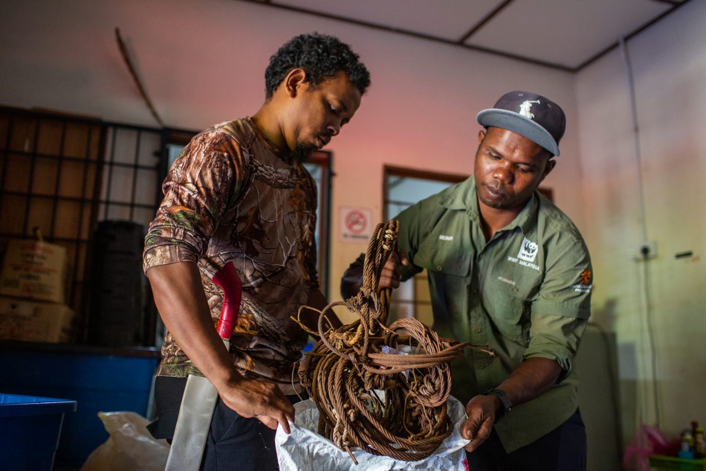 This bag is just one of many filled with snares that have been removed from Royal Belum State Park, Malaysia.