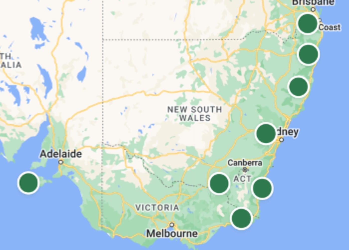 A map shows the eight regions surveyed by wildlife cameras during Eyes on Recovery. The map shows south eastern Australia, with green dots indicating survey sights along the east coast, near Canberra, and on Kangaroo Island in South Australia.