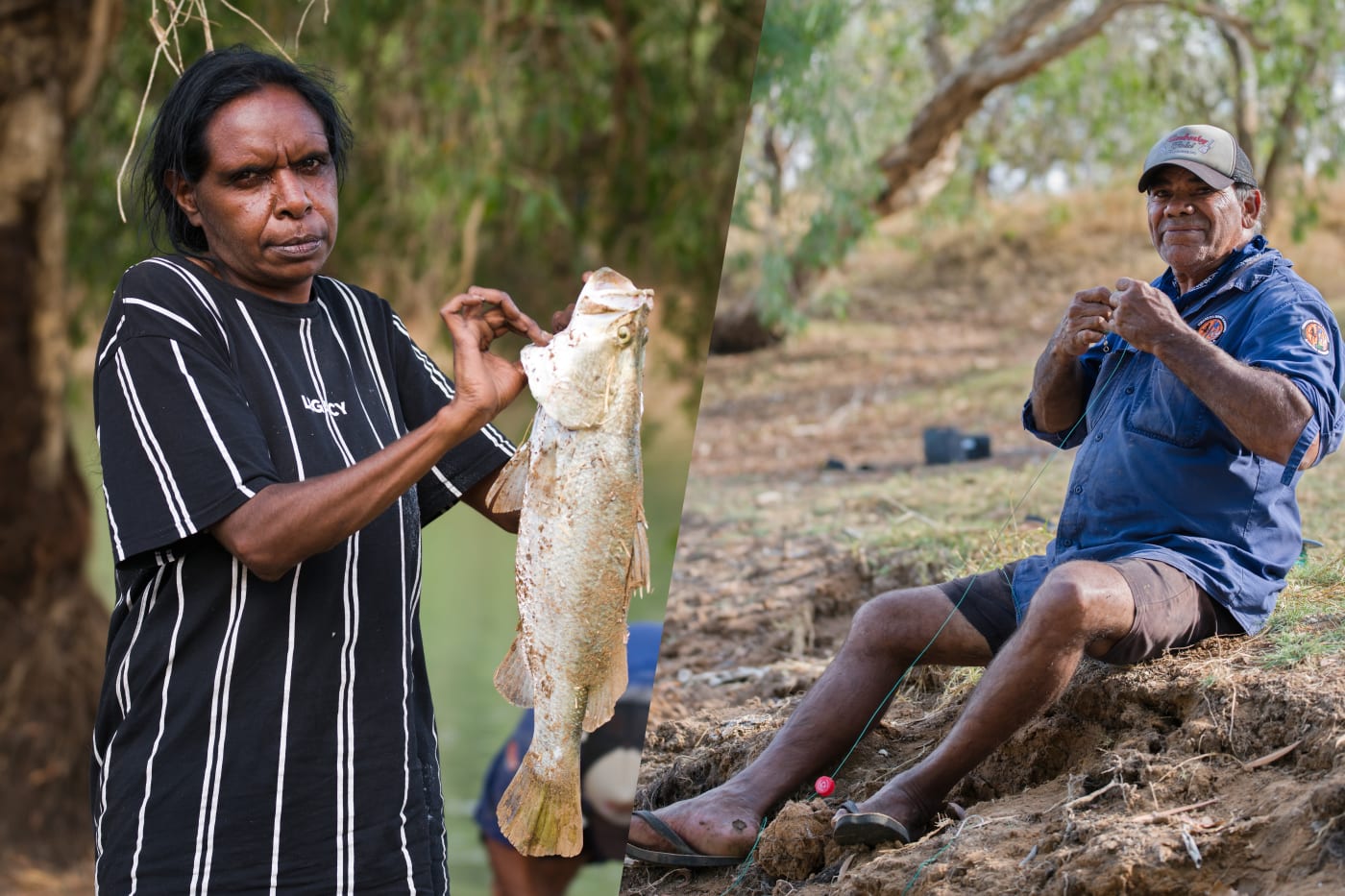 Warru Ranger Gwenda Watson and Nyikina Mangala Ranger Raymond Charles with barramundi caught in the Martuwarra (Fitzroy river), Camballin, West Kimberley region, WA.