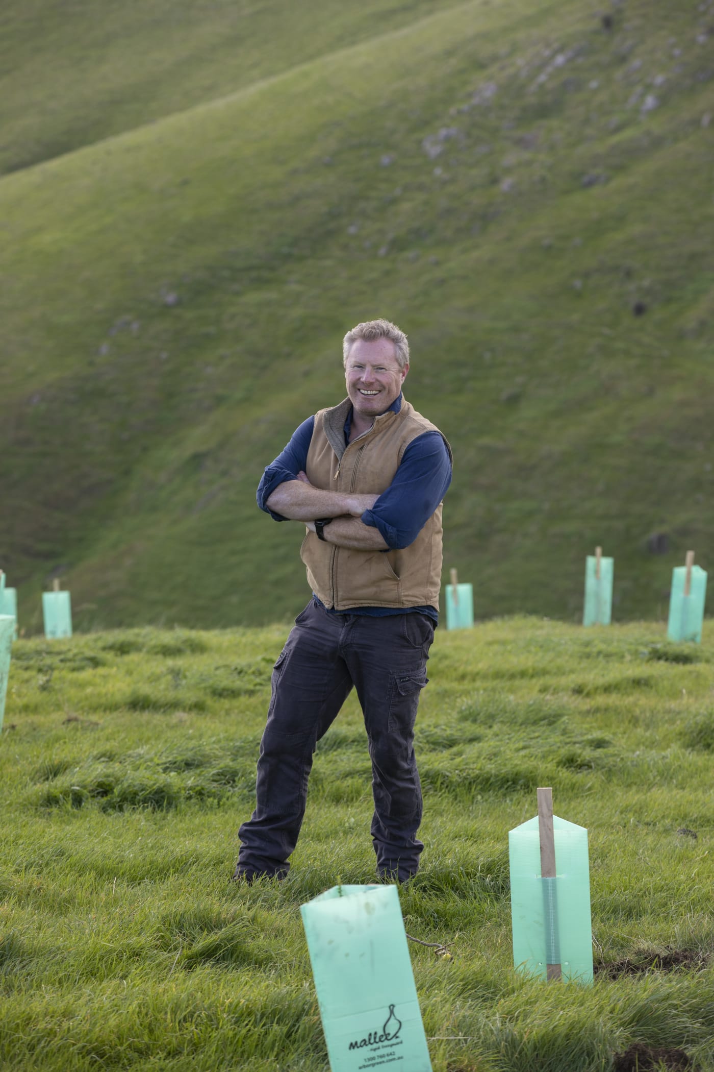 Ed Vercoe, Olive and Cattle Farmer Ed Vercoe among the new sheoak plantings at Carrickalinga.
