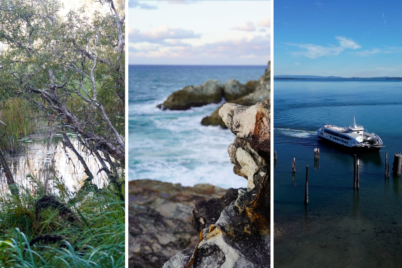 (L-R): Eighteen Mile Swamp, Point Lookout and Dunwich on Minjerribah (North Stradbroke Island)