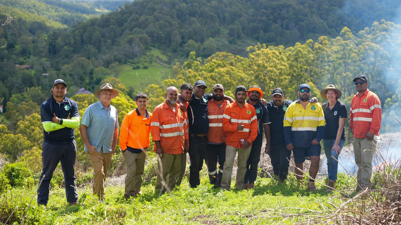 The Githabul Rangers, property owner Nick Lazaredes and WWF-Australia's Tanya Pritchard on Githabul Country
