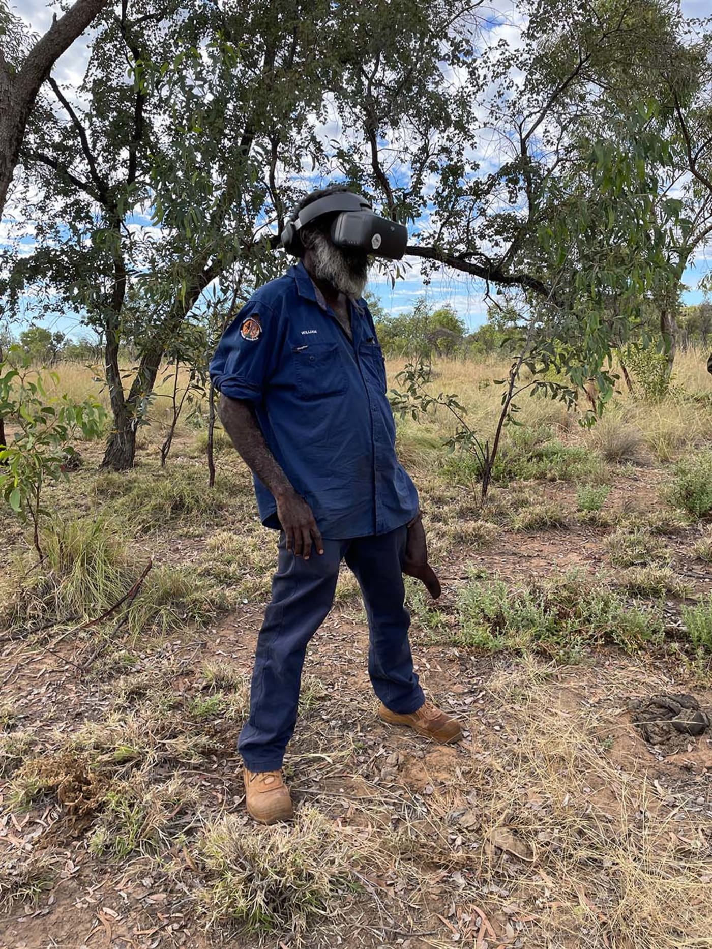 Nyikina Mangala Ranger William Watson using drone vision goggles to search for wiliji in caves on the Erskine Range