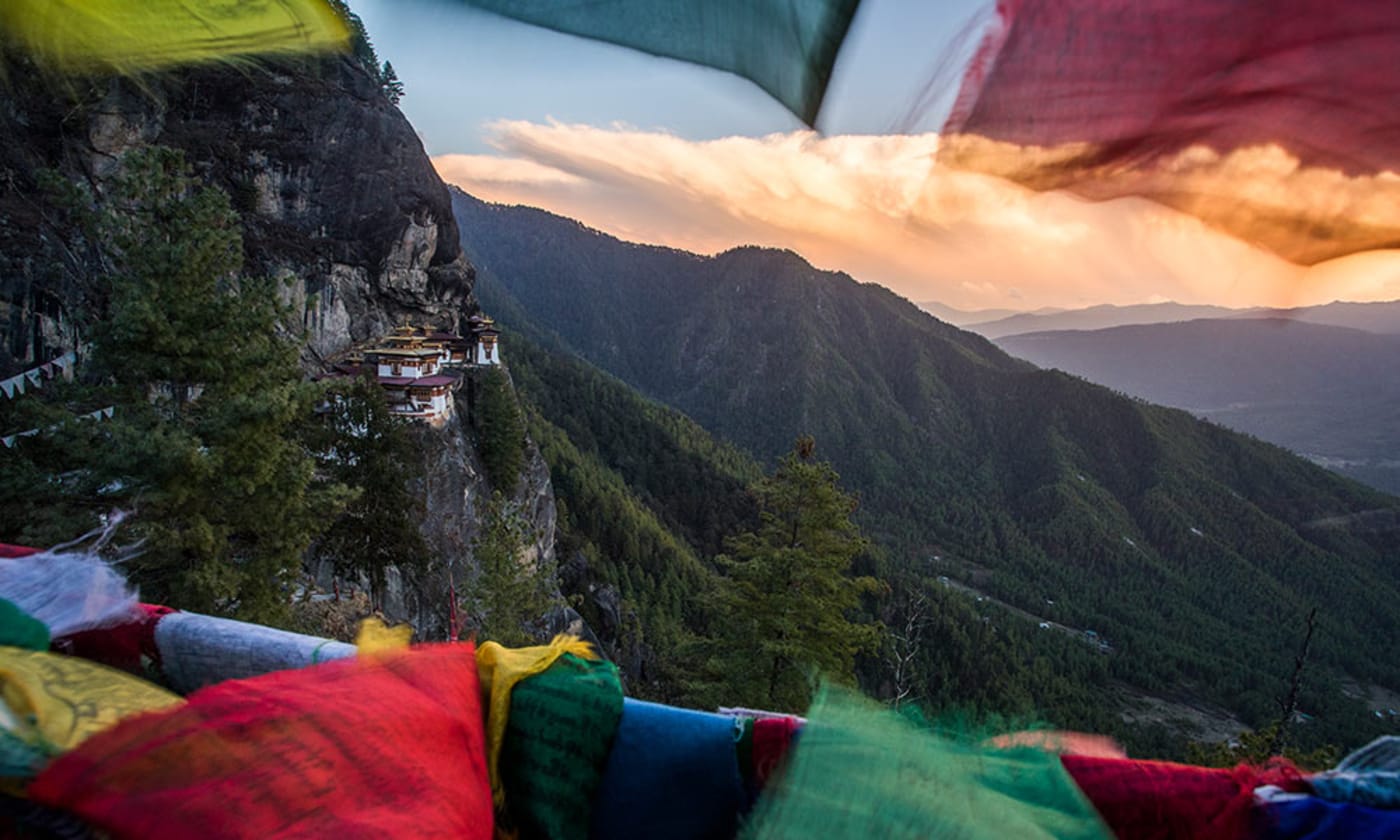 View of monastery of Paro Taktsang (Tiger's Nest) at sunset, Bhutan