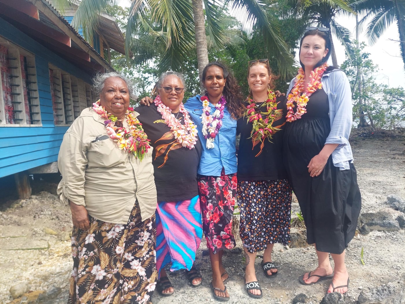 L-R: 5x First Nations women from across Australia travel to Solomon Islands remote communities to share and exchange knowledge. Mary Blyth, Northern Land Council NT, Cindy-Lou Togo, Girringun corporation Qld, Azarnia Malay, Damibimangari Rangers Kimberly WA, Rosie Goslett-King, WWF WREN coordinator NSW, Alice Tamang, AVI Victoria