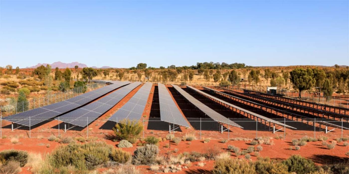 Solar panels and wind turbines at a renewable energy research station in Perth, Western Australia
