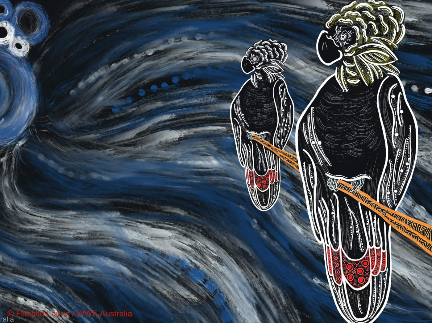 Indigenous art depicting the glossy black cockatoo by Gumbaynggirr, Bundjalung and Kalkadoon artist Fileisha Laurie