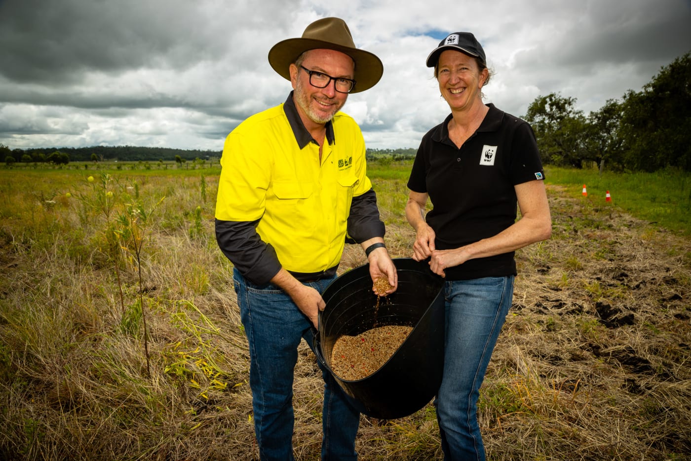 Ben O'Hara and Tanya Pritchard Drone Seeding Mix in Hidden Vale, QLD