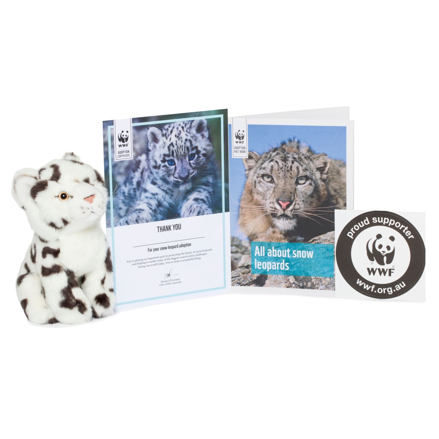 Contents of snow leopard adoption pack, including snow leopard plushie, adoption certificate and snow leopard booklet