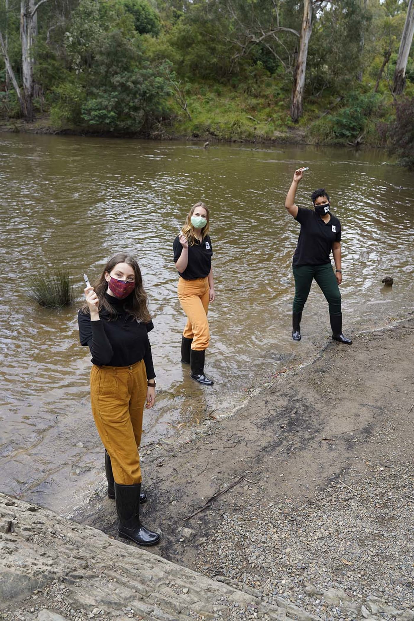 Pictured left to right: WWF-Australia's Melbourne Pandas Sophie Hueppauff, Karina Strange, and Victoria Pilbeam, celebrating the launch of the Great Australian Platypus Search at Pound Bend Tunnel in Warrandyte, Victoria