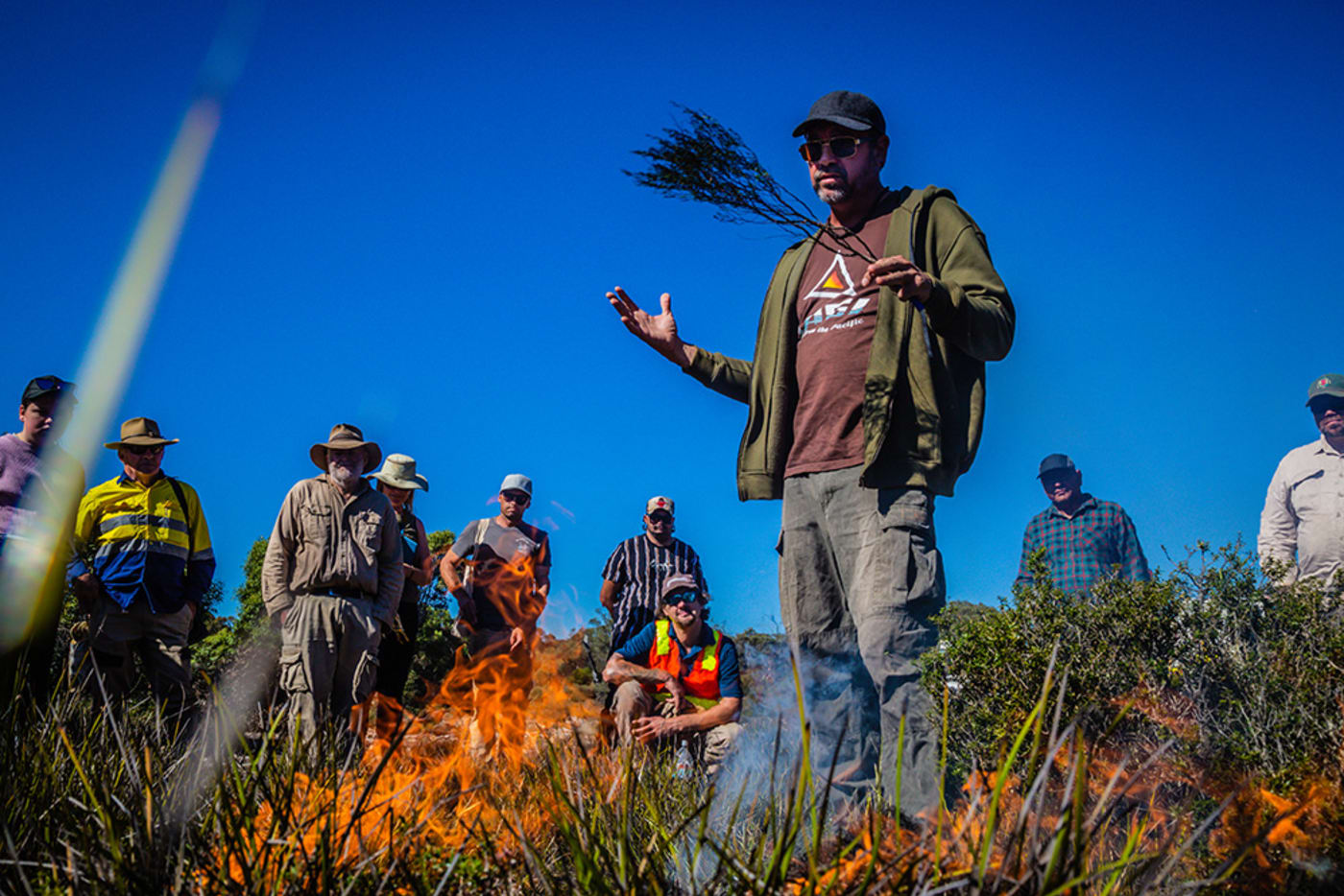 Tagalaka man and Firesticks Alliance Indigenous Corporation’s Lead Fire Practitioner Victor Steffensen shares his knowledge about cultural burning at a private property at Warooka, Yorke Peninsula