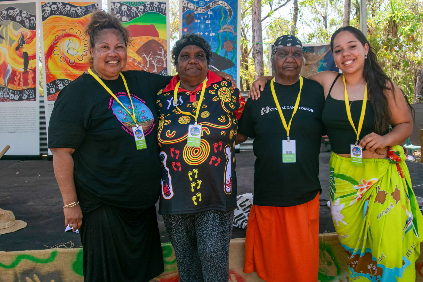 (Pictured L-R) Arrernte woman from Mparntwe (Alice Springs) and Central Land Council member Jody Kopp, Amelia Turner (Armani’s Grandmother) Mia Mulladad (Armani’s Grandmother) NT Youth Round Table member and young Arrernte leader  Armani Francois (Jody’s daughter).
