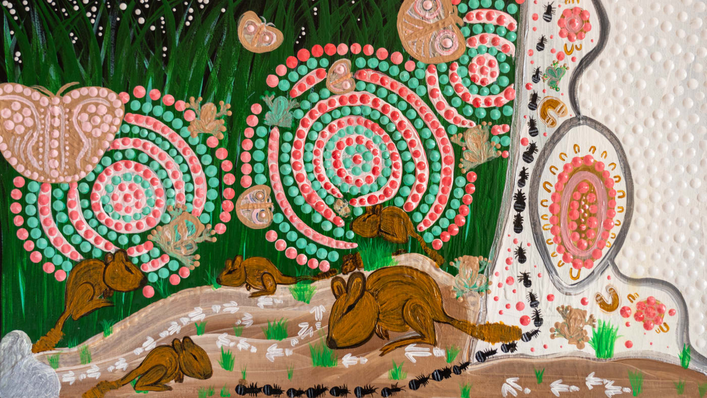 Indigenous woylie art from Southwest Noongar, Ballardong, and Goreng artist Crystal Quartermaine.