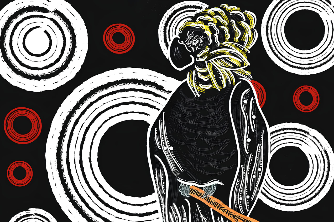 Indigenous art depicting the glossy black cockatoo by Gumbaynggirr, Bundjalung and Kalkadoon artist Fileisha Laurie
