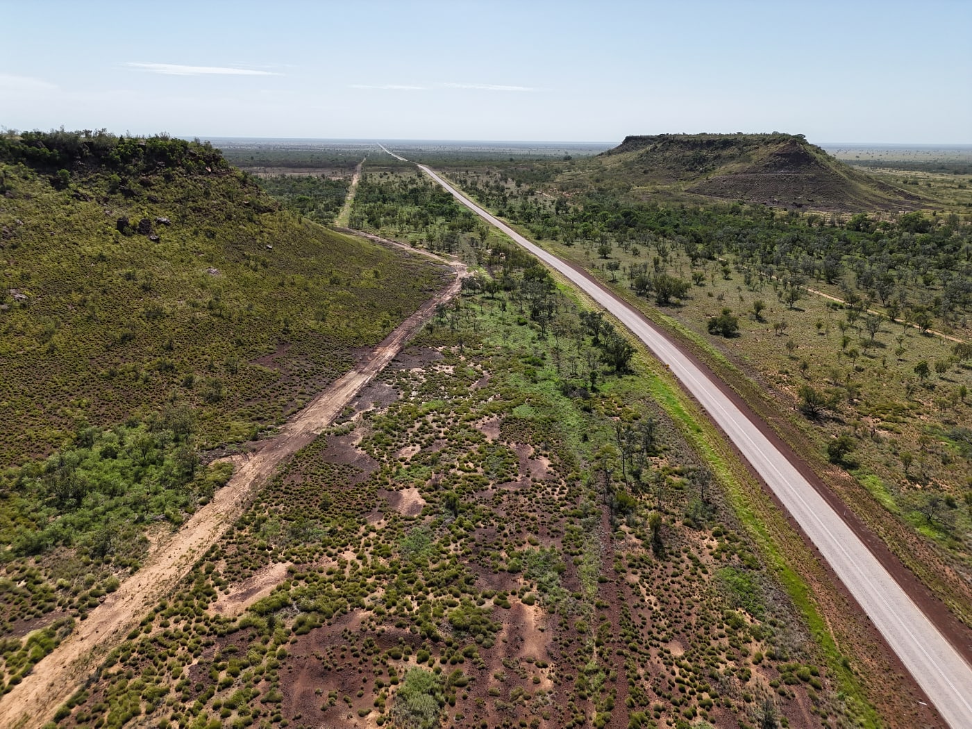 Shot of the Great Northern Highway at Erskine Range (Malarabba) in the West Kimberley region with hills either side