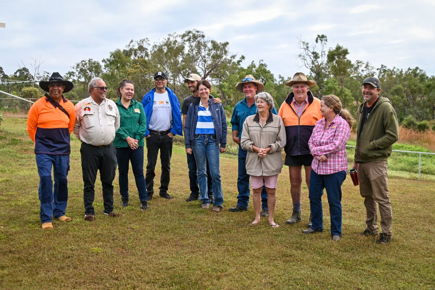 Left to right: Reg Kerr, Gudjala Traditional Owner, Jim Gaston, Birri Gubba Juru Elder and Gudjuda senior ranger, Dr Janine Gertz, Gugu Badhun Traditional Owner, Cliff Cobbo, First Nations Principal Advisor, WWF-Australia, Elliot Smith, Jervoise Station, Ashton Smith, Jervoise Station, Paul Jonsson, Jervoise Station, Kerry Jonsson, Jervoise Station, Greg Jonsson, Jervoise Station, Karen Vidler, NQ Dry Tropics Partnerships Coordinator, Victor Steffensen, Firesticks Alliance co-founder