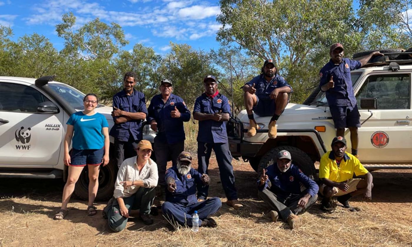 The dream team! Nyikina Mangala Rangers in partnership with WWF and Charles Darwin University after successfully surveying the Erskine Range for wiliji