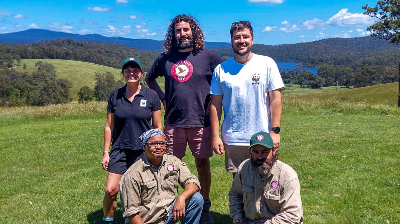 (L-R) Rosie Goslett-King (WWF-Australia’s WREN (Women Rangers Environmental Network) coordinator), Nathan Lygon (Black Duck Foods), Ben Kitchener (WWF-Australia’s cultural fire  coordinator), Terry Hayes and Chris Harris (Black Duck Foods) - (Supplied)