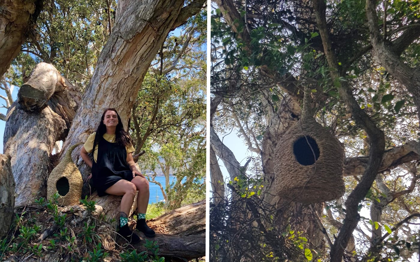 Rosie Goslett King, WWF-Australia’s Women Rangers Environmental Network Coordinator and Yuin artist with her nest weaving sculptures on Garangal Country