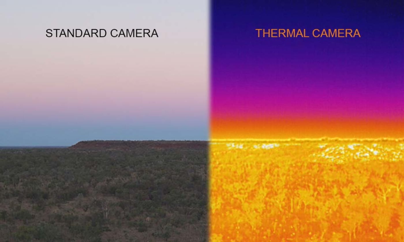 Erskine Ranges as seen through a standard camera (left), and thermal camera (right)