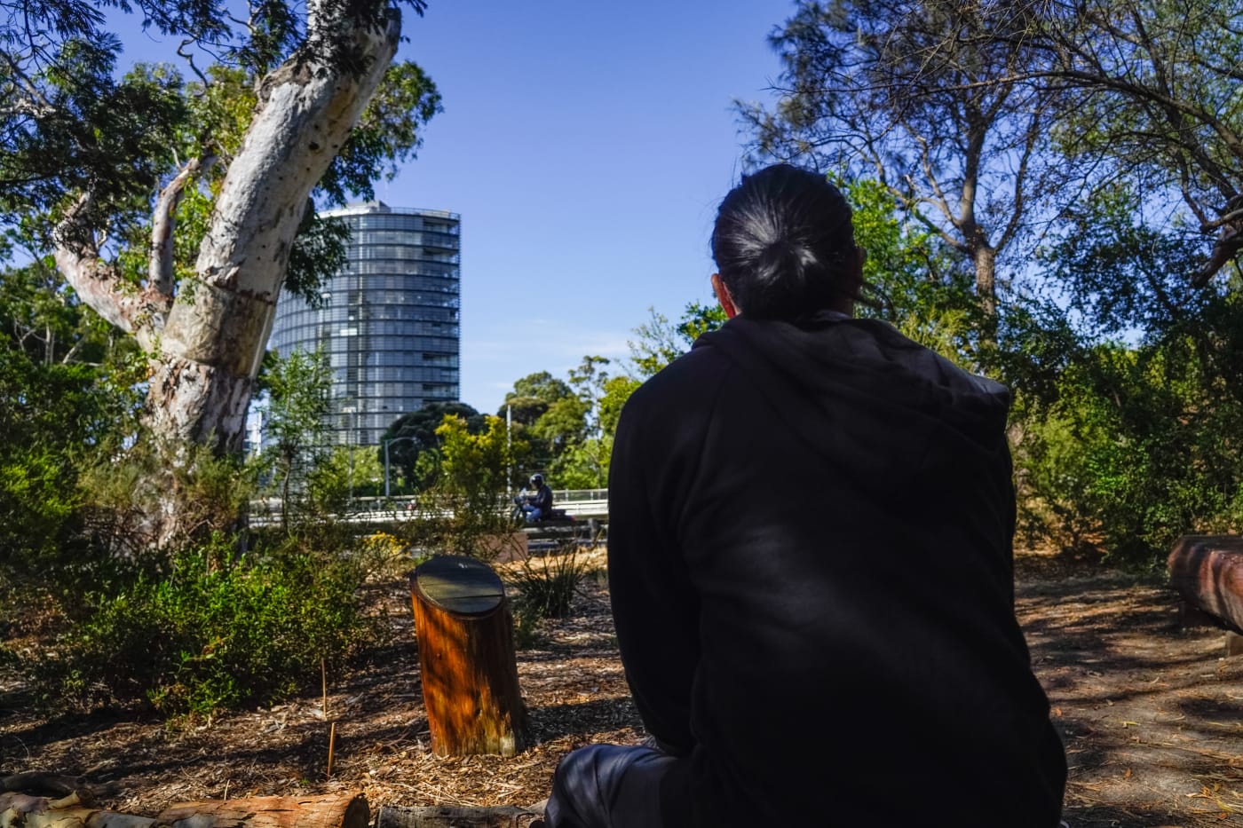 Thao Ly sitting under the Boonwurrung Corroboree Tree or ‘Ngargee’ tree in St Kilda