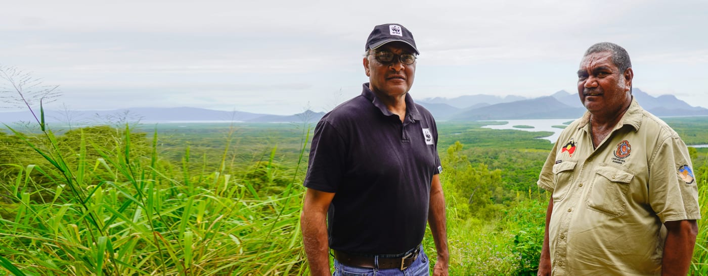 Uncle Eddie Smallwood and WWF-Australia's Cliff Cobbo at Hinchinbrook Lookout