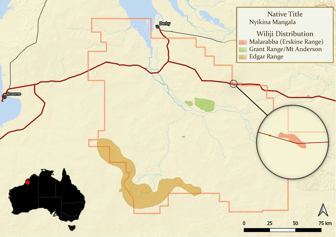 Map of wiliji distribution in Nyikina Mangala Native Title area