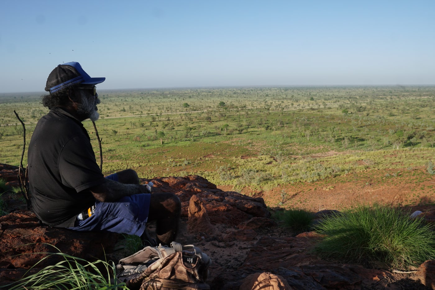 William Watson, Head Ranger, Nyikina Mangala Ranger Group, looking out over Country at Erskine Range (Malarabba) in the West Kimberley region