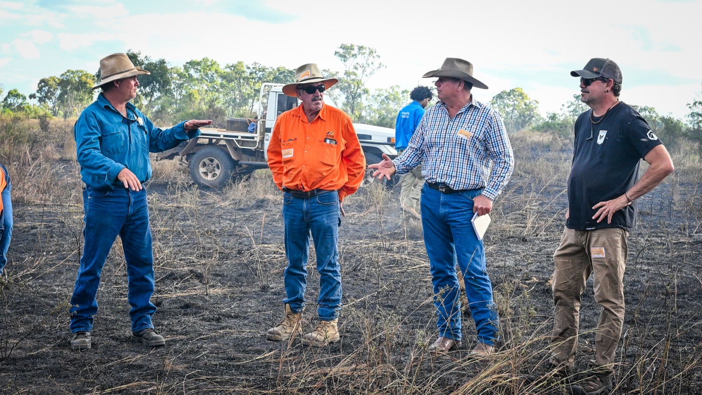 From left: Paul Jonsson (Jervoise Grazier), Dick Bauer (Burdekin Shire Council Pest Management Officer), Barry O'Sullivan (grazier, Glenalpine), and Uncle Victor Steffensen at NQ Dry Tropics and Firesticks Cultural Fire on Grazing Landscapes Workshop, held on Jervoise Station, Greenvale, Qld, Gugu Badhun Country 22 and 23 May 2024
