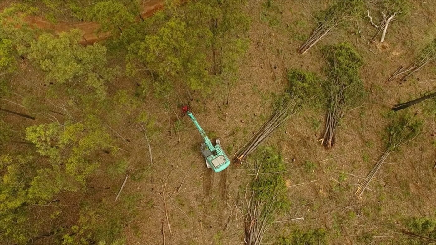 Aerial image of a bulldozer clearing trees for an urban expansion near Ipswich, southeast Queensland