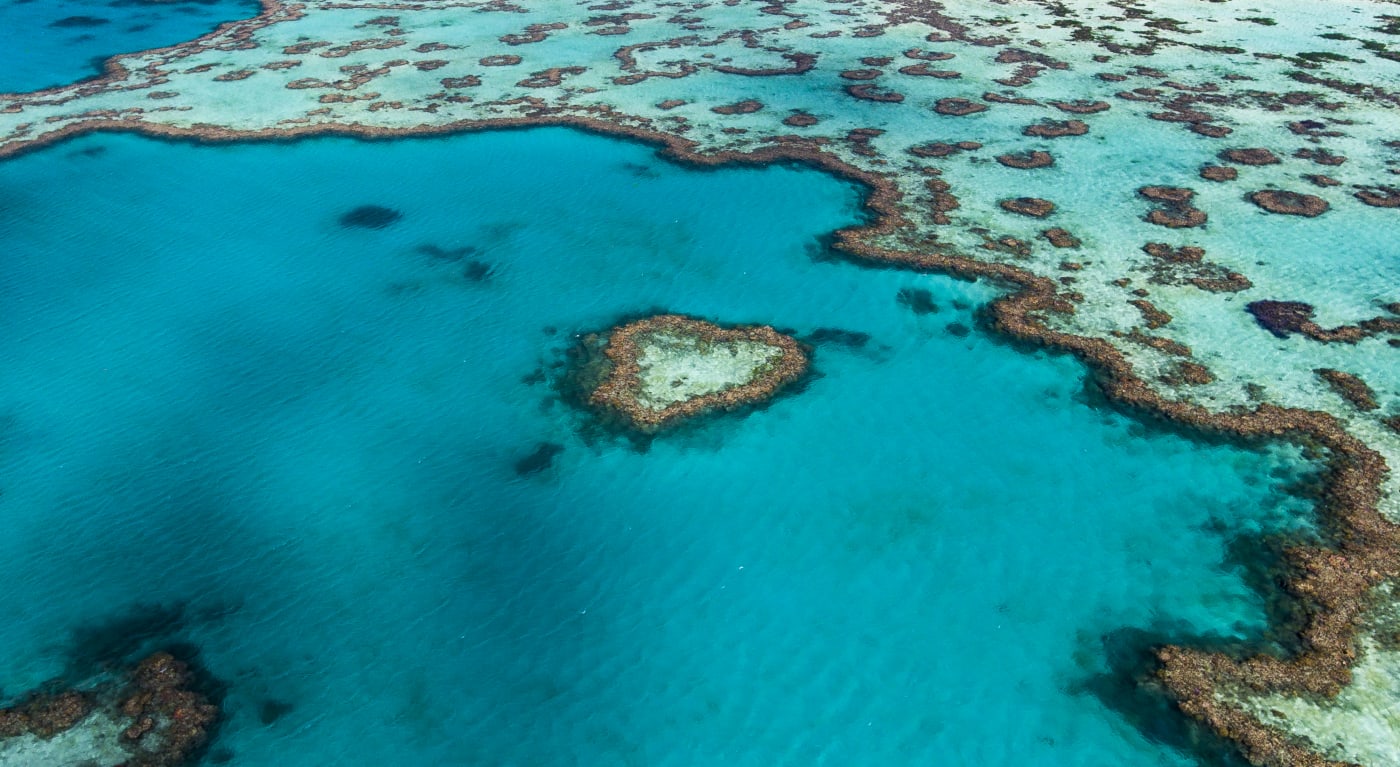 Aerial view of Hardy Reef, home to the Heart Reef, in the Great Barrier Reef

These images were taken on 20 June 2017 by a drone to assess if the Heart Reef has been bleached.