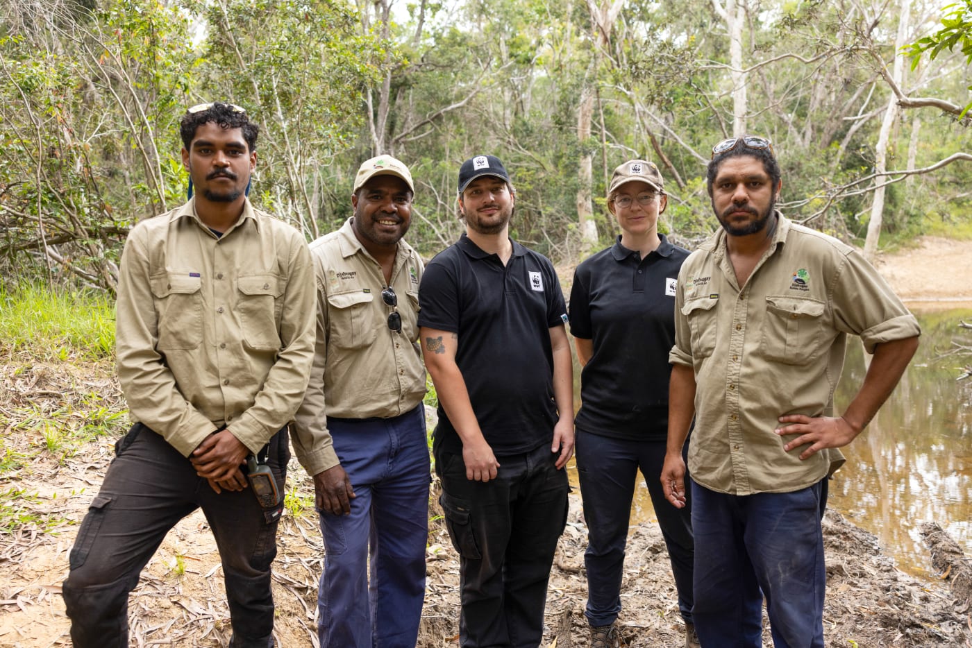 Caesar Hunter, Dennis Hunter, Djarra Delaney, Emma Spencer, and Alfred Hunter during the platypus search