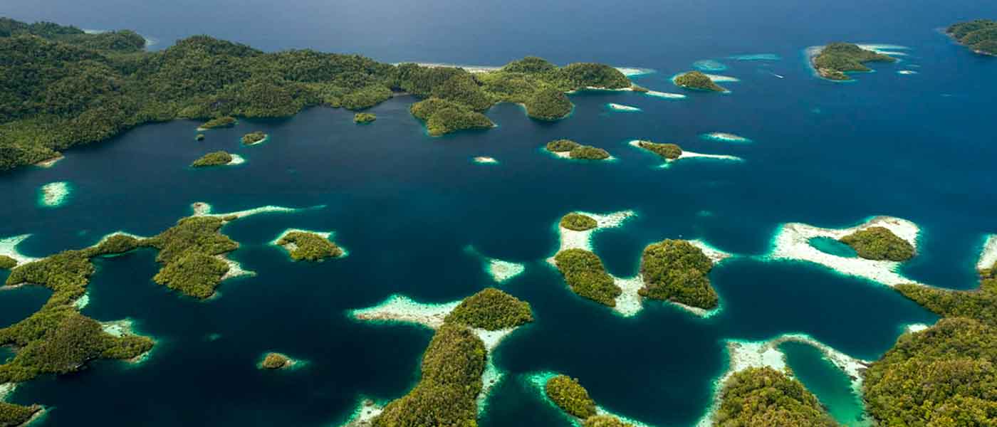 Aerial of Raja Ampat's islands, sand cays and lagoons West Papua, Indonesia 26 February 2010