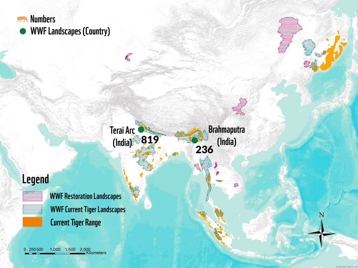 Estimated tiger populations within the Terai Arc and Brahmaputra landscapes based on the All India Tiger Estimation survey run by the Indian government in 2022.