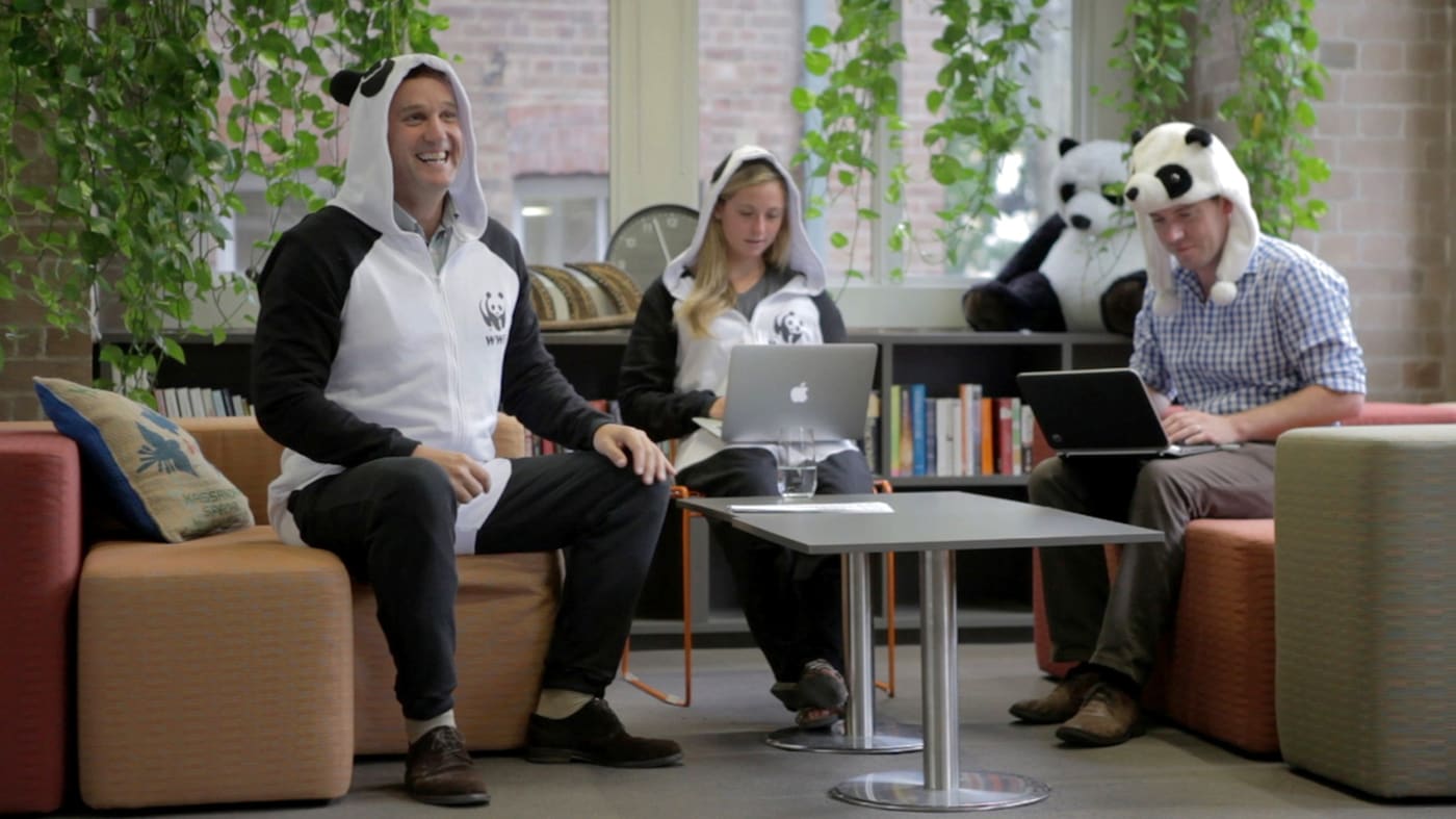 Dermot O'Gorman CEO of WWF-Australia in a panda onesie to support Wild Onesie Week campaign
