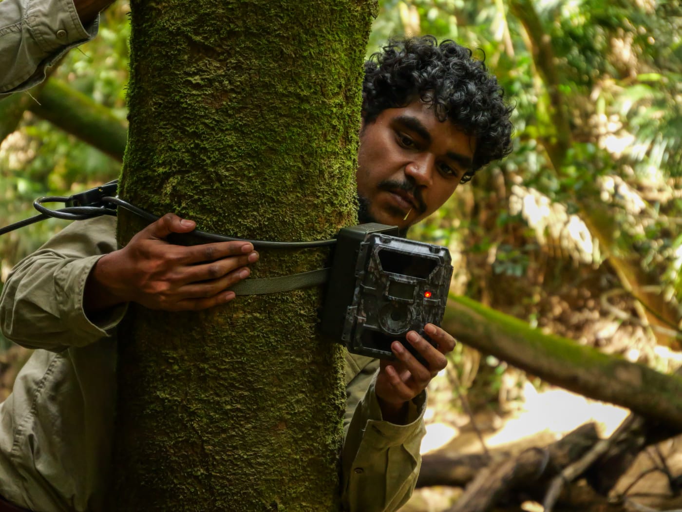 Djabugay Bulmba Ranger Caesar Hunter checks a trail camera.