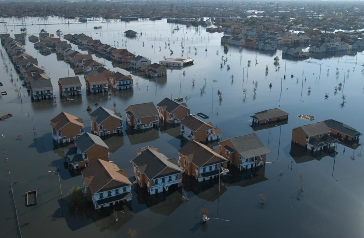 Houses flooded by Hurricane Katrina with the city in the background, New Orleans, United States