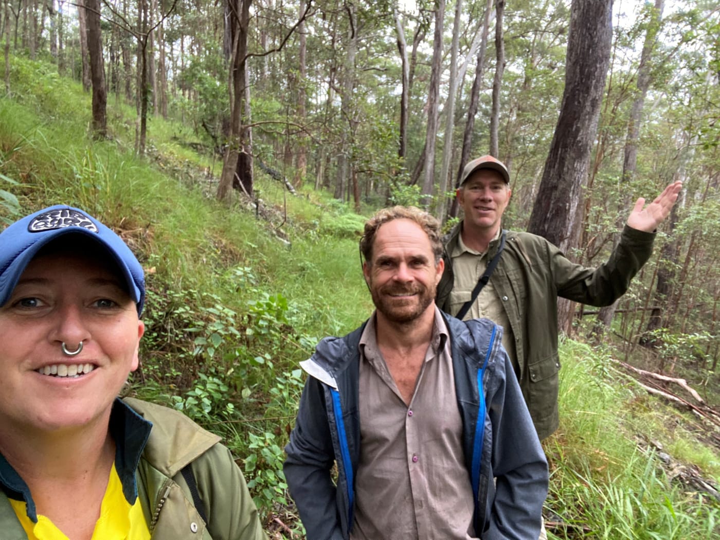 Harry Hackett, Dave Rawlins, and Locky Cooper searching for glossy black-cockatoos