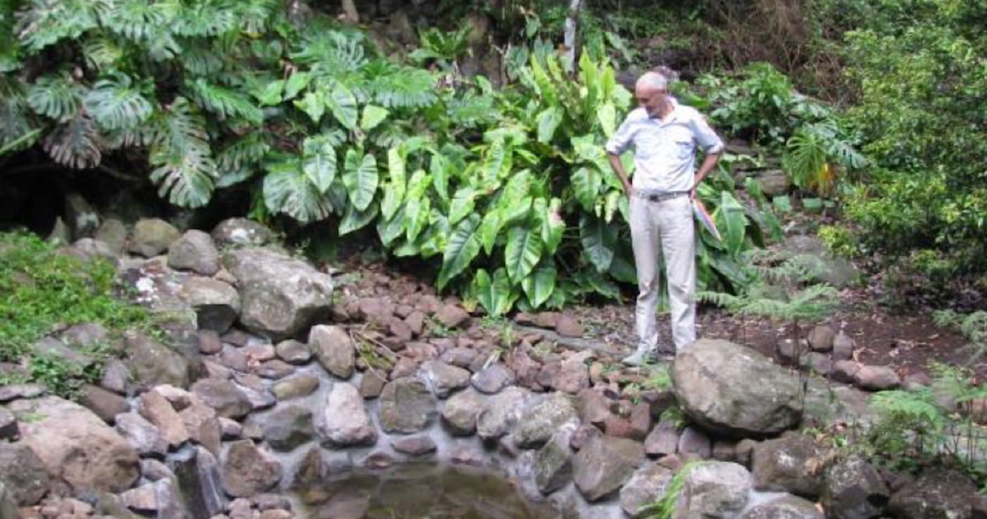 John in his rainforest garden at the base of the waterfall he had built