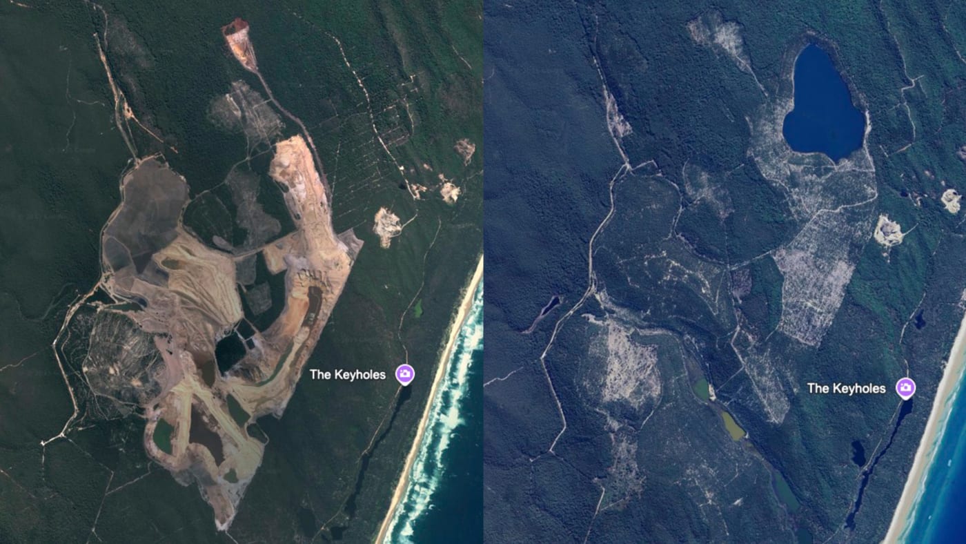 (L-R) Aerial image of mine site on Minjerribah in 2011; Same area in 2024 after undergoing rehabilitation efforts.