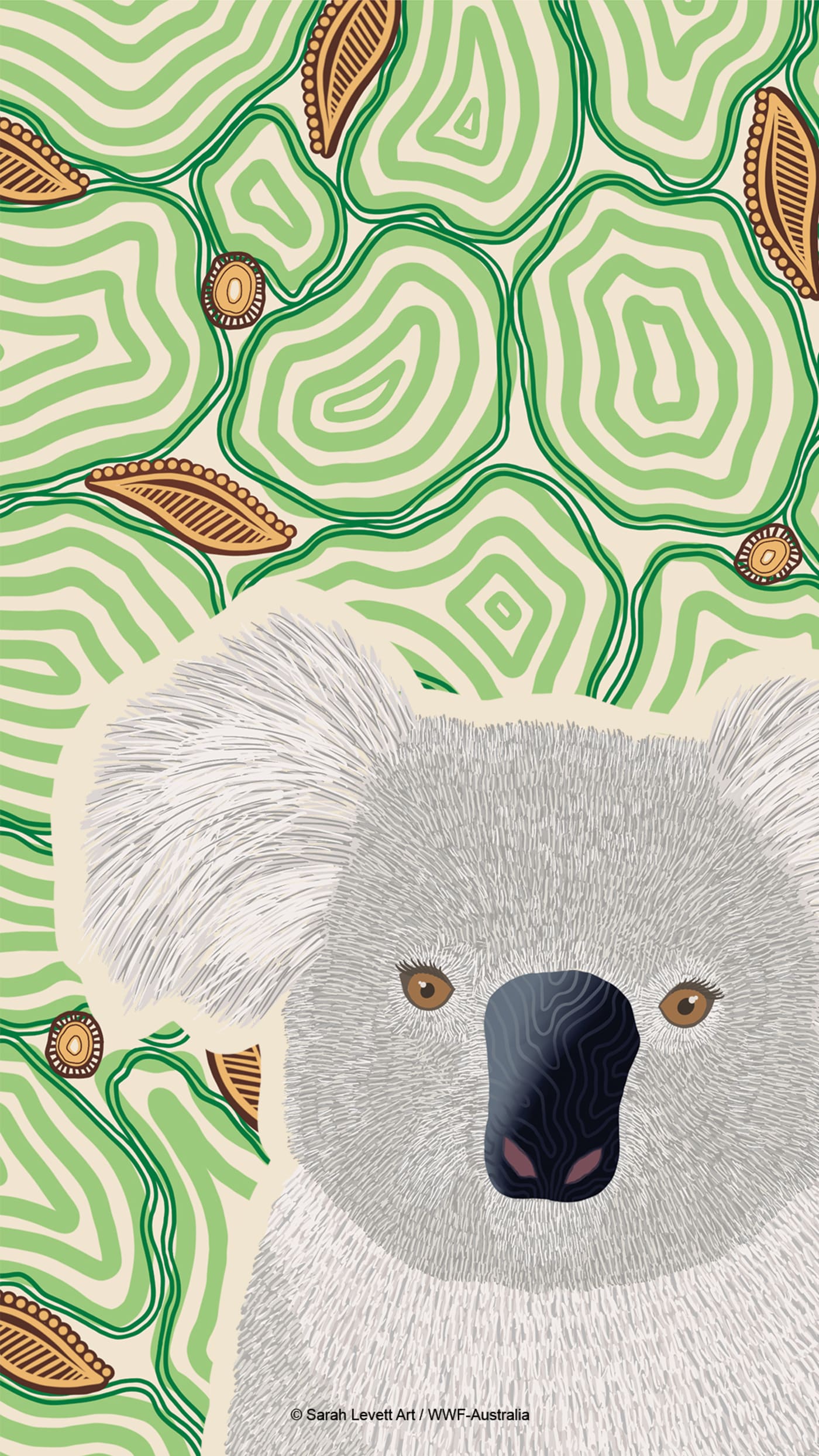 Indigenous koala art from Wiradjuri and Gundungurra Yinaa artist Sarah Levett - mobile wallpaper.