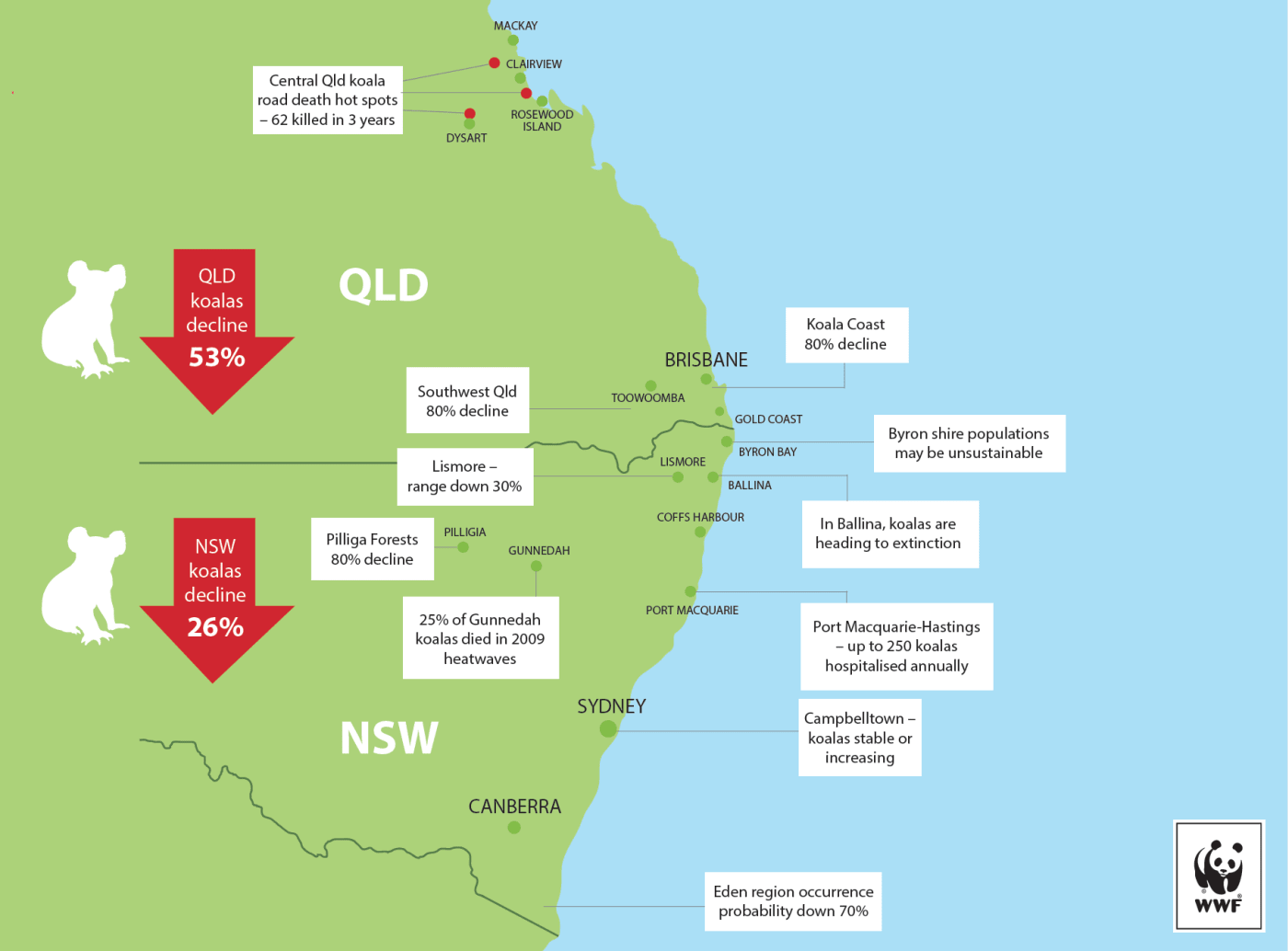 Map showing the decline of koala populations in NSW and South-East Queensland