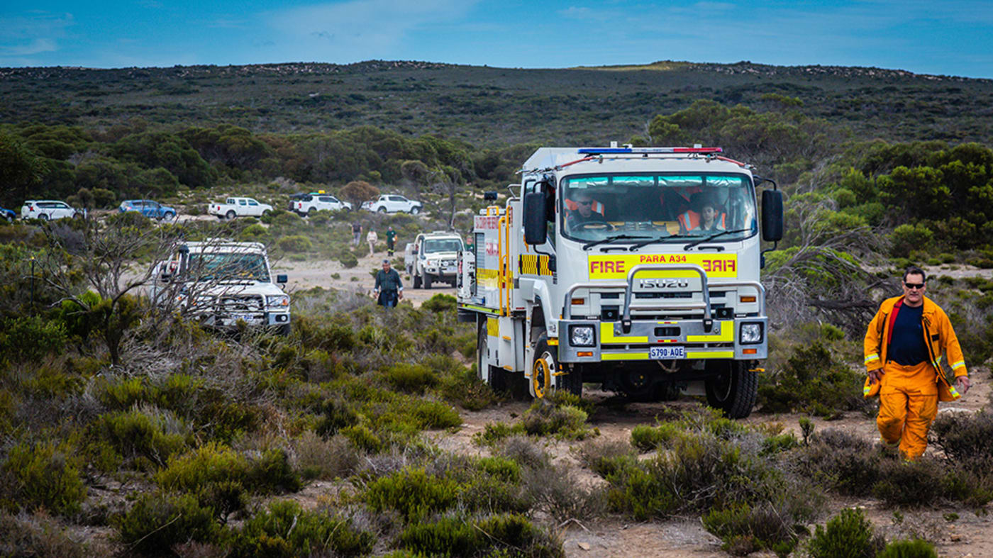 Marion Bay CFS member Romeo Ljubicic leading the way for the CFS fire vehicle in preparation for the burn at Dhilba Guuranda-Innes National Park