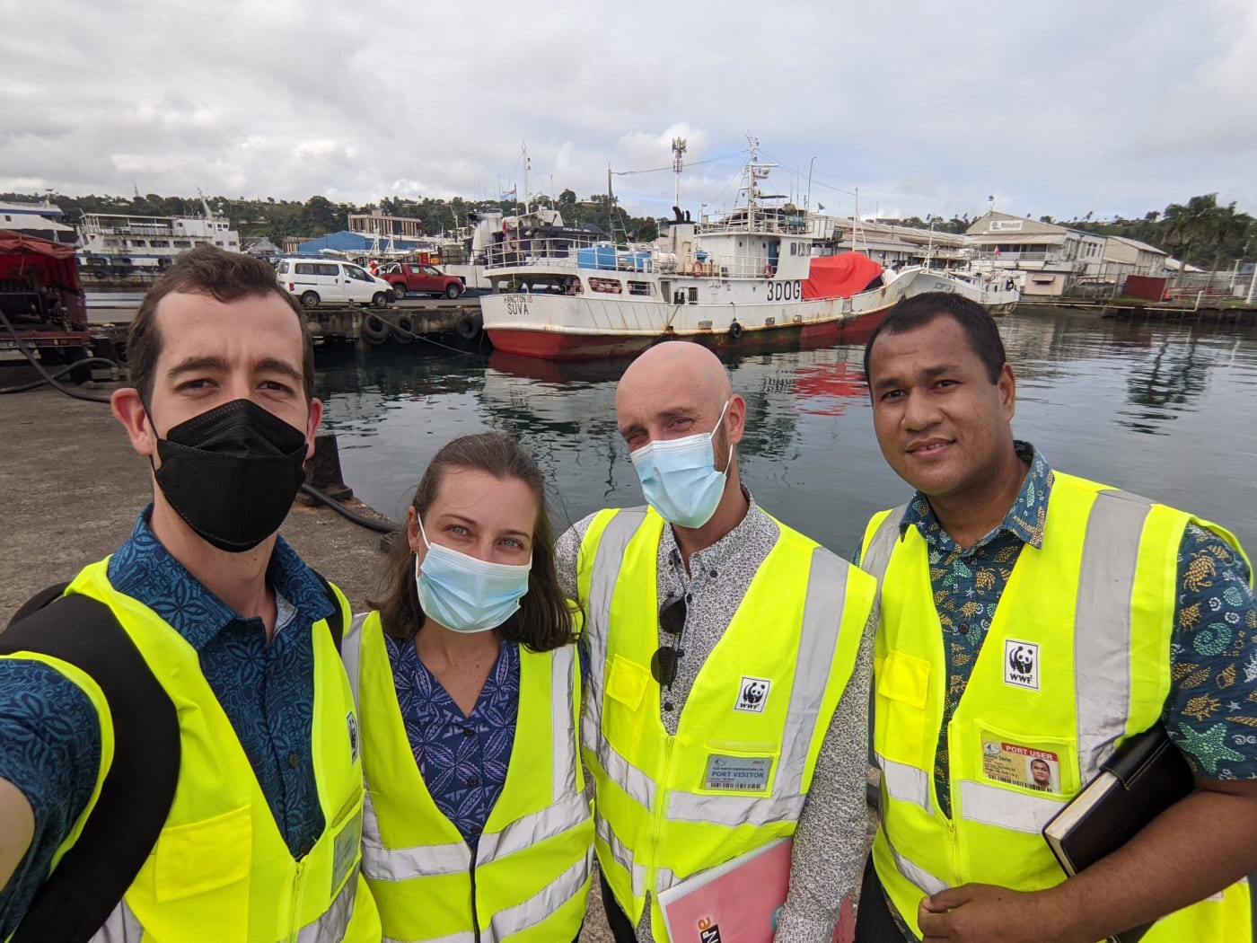 OpenSC and WWF Pacific team members at Suva port. Left to right: Tim Baker (OpenSC), Lily Lunday (OpenSC), Pierre Wittorski (OpenSC), Adriu Iene (WWF Pacific)