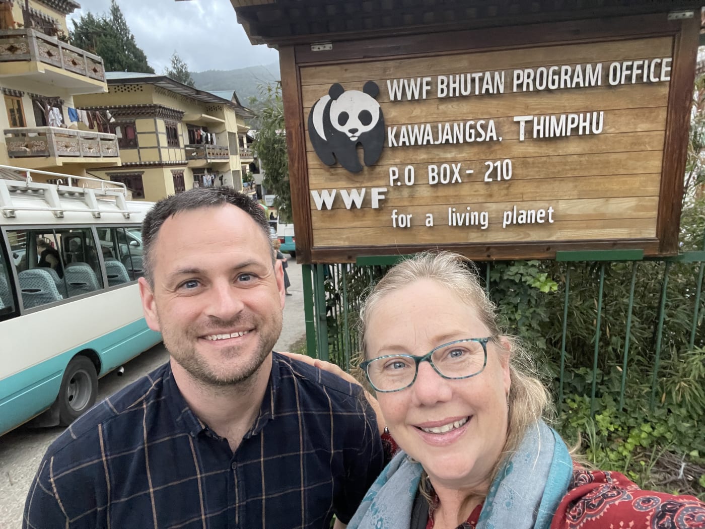 WWF-Australia's Patrick Giumelli (Threatened Species Manager) and Dr Leonie Valentine (Senior Manager Species Conservation) outside WWF-Bhutan's Program Office.
