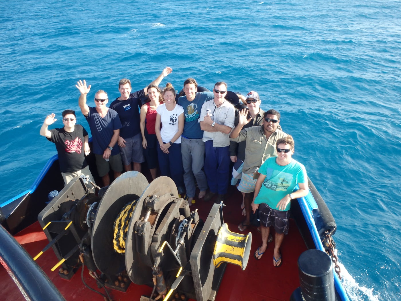 Team one on board Tim North’s Gulf Explorer at the 'Rivers to Reef to Turtles' field trip, Howick Islands, July/August 2015