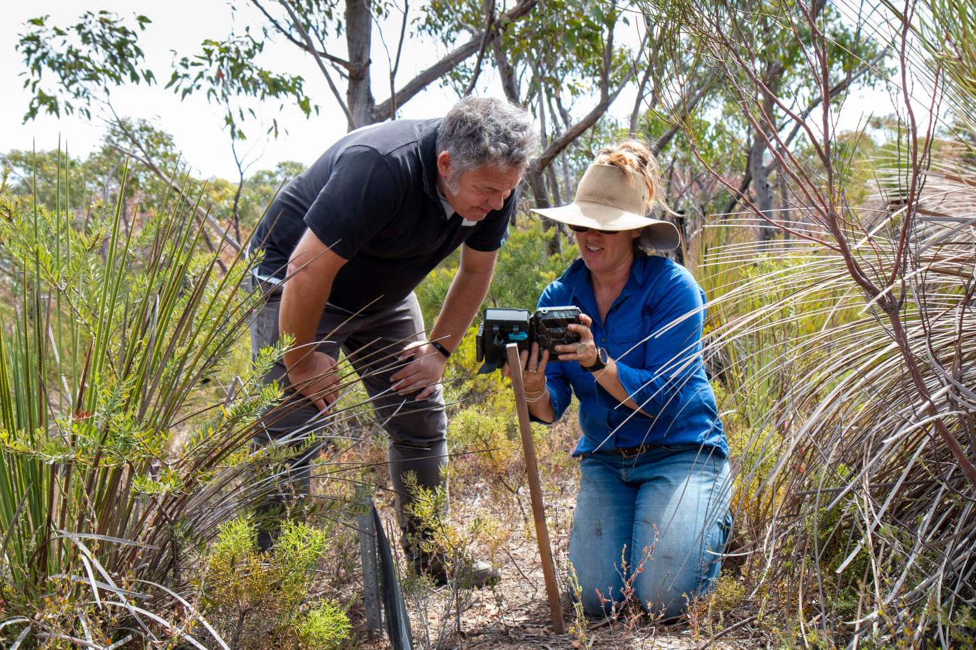 Darren Grover from WWF-Australia and Heidi Groffen from Kangaroo Island Land for Wildlife check a sensor camera on a fire-affected property called the Western River Refuge