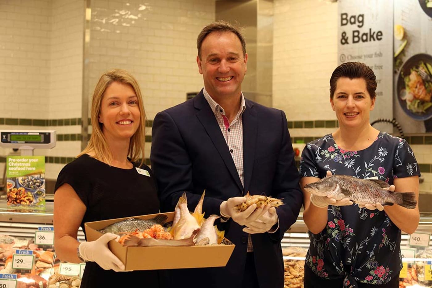 From L-R:  Alex Holt, Woolworths General Manager Quality, Health & Sustainability, Dermot, Serena Anson-Cope, Woolworths Seafood Merchandise Manager.