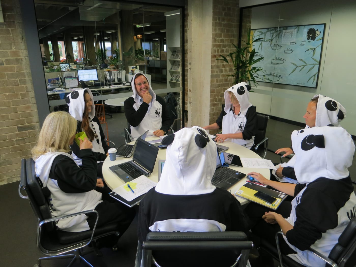 WWF staff members dress in their Panda onesies as part of Wild Onesie Week.